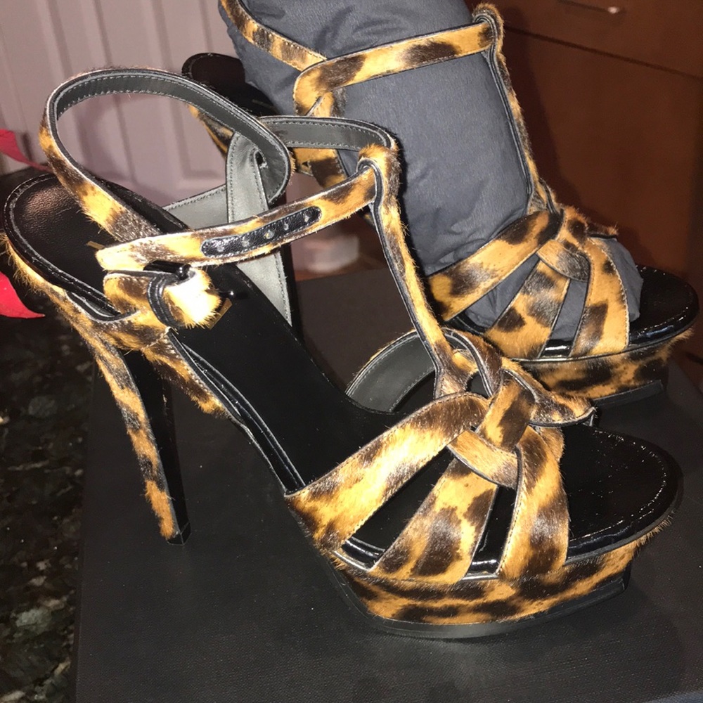 NIB Saint Laurent Tribute Leopard Calf Hair Sandal